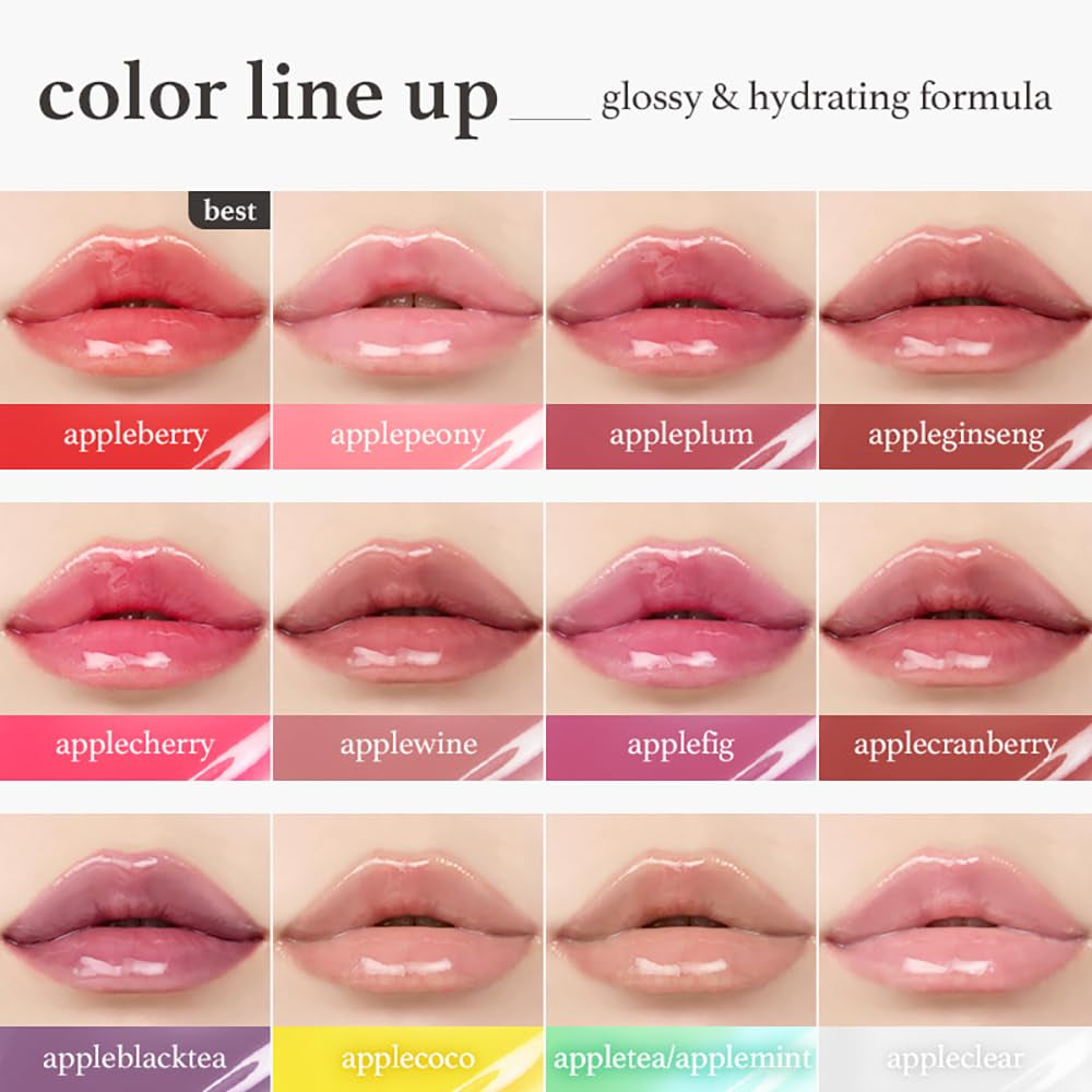 Korean Lip Oil - Appleberry | Long-Lasting, Moisturizing, Plumping, Revitalizing for Dry Lips, Waterproof, No Peel Off, Hydrating, Nourishing Crystal Clear, 0.12 FL Oz