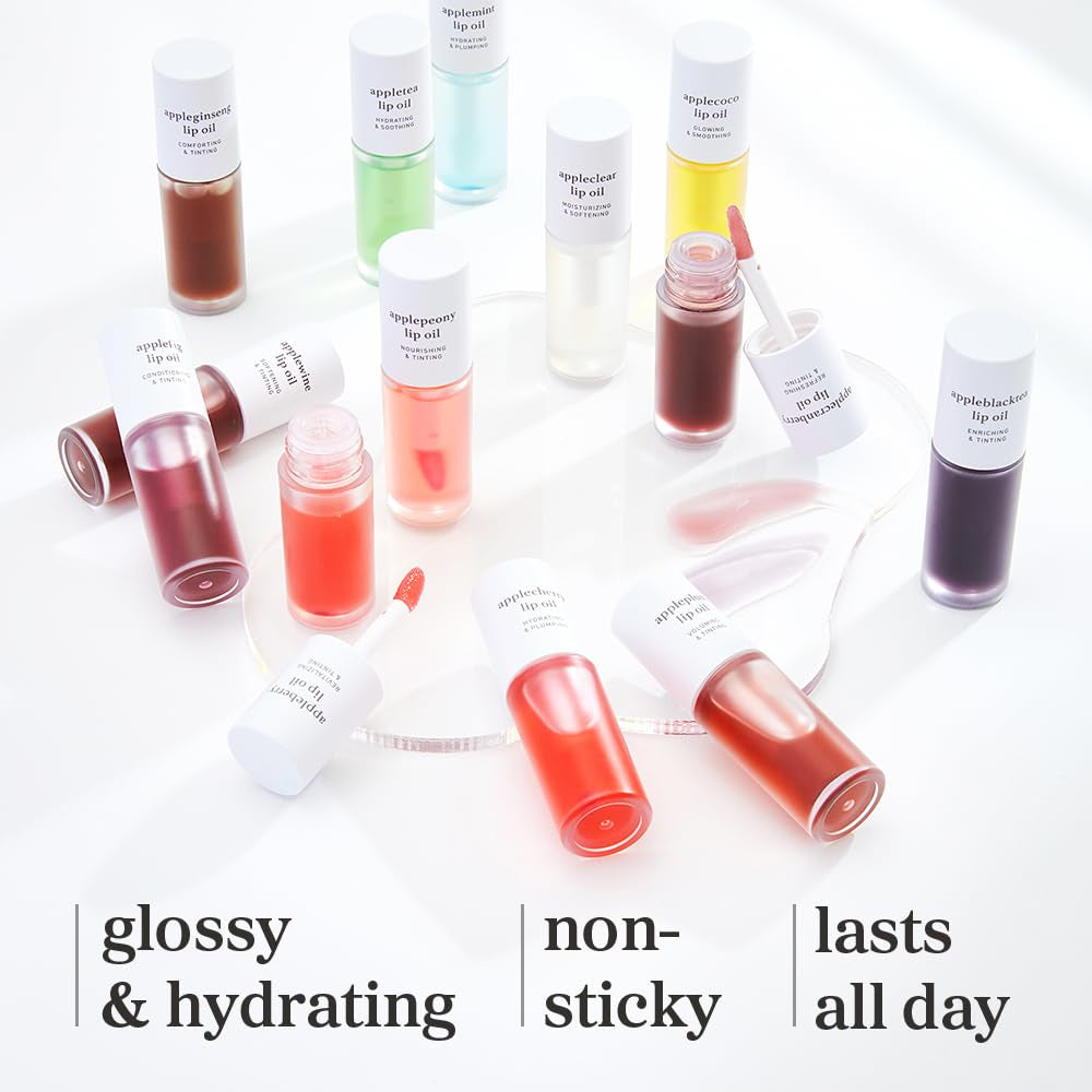Korean Lip Oil - Appleberry | Long-Lasting, Moisturizing, Plumping, Revitalizing for Dry Lips, Waterproof, No Peel Off, Hydrating, Nourishing Crystal Clear, 0.12 FL Oz