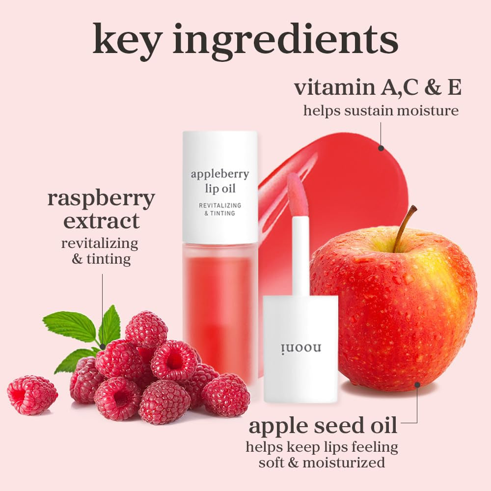 Korean Lip Oil - Appleberry | Long-Lasting, Moisturizing, Plumping, Revitalizing for Dry Lips, Waterproof, No Peel Off, Hydrating, Nourishing Crystal Clear, 0.12 FL Oz